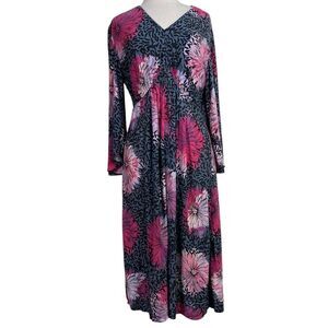 Soma 3/4 sleeve dress L Flora gray background Pink ivory V neck soft